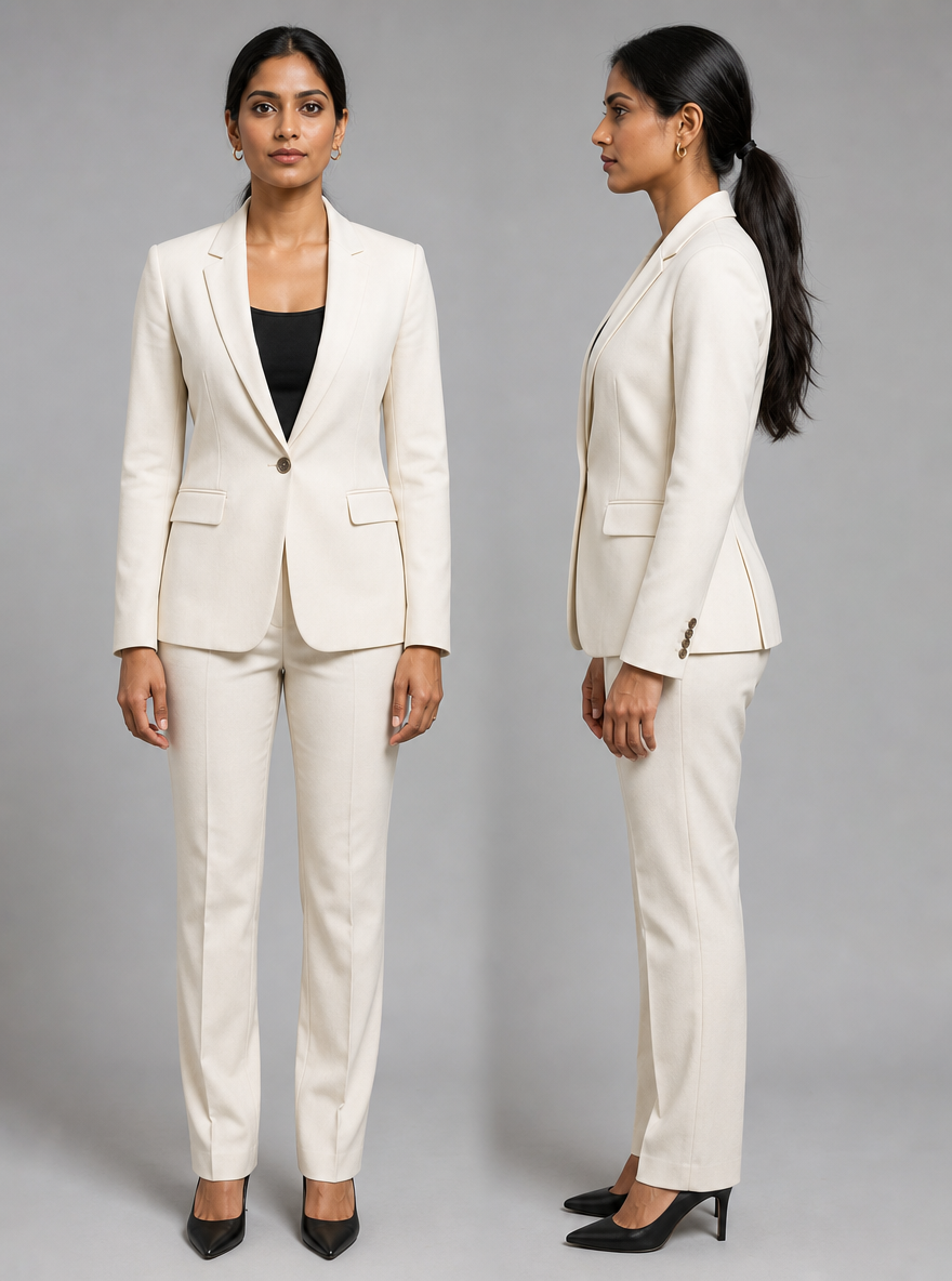 Photorealistic character reference sheet of Ananya Iyer, an Indian woman in a tailored ivory blazer over a black top, front view and profile.