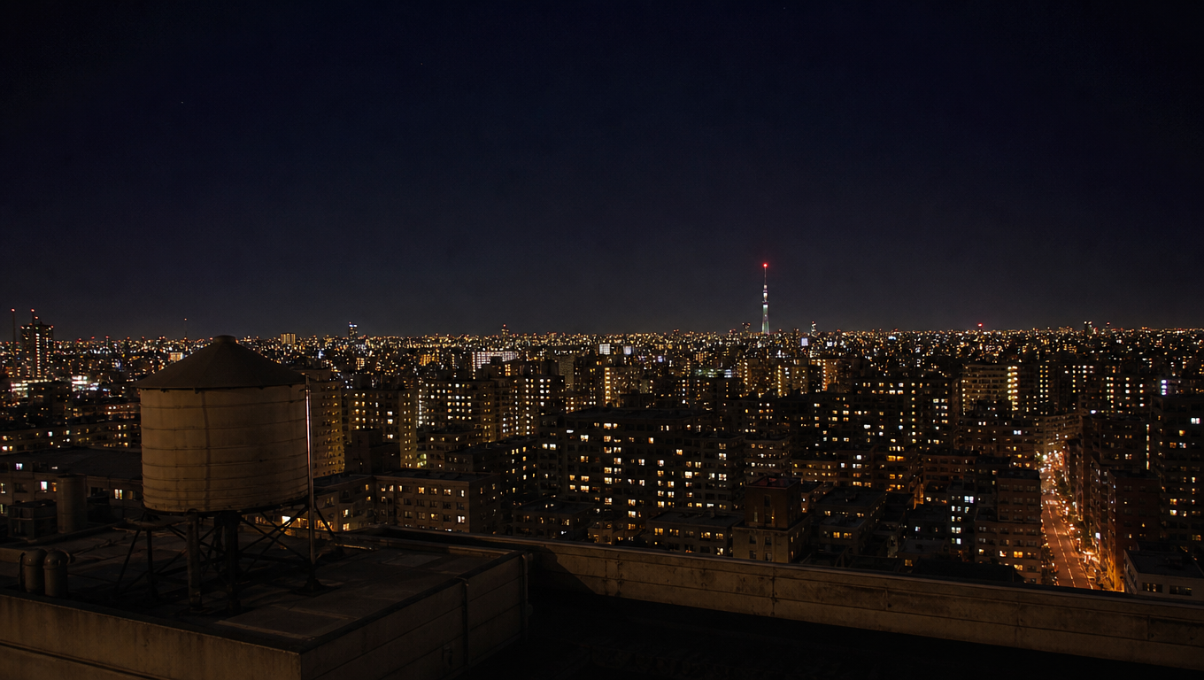 Rooftop view at midnight over a dense city of warm window lights with a water tank in the foreground.