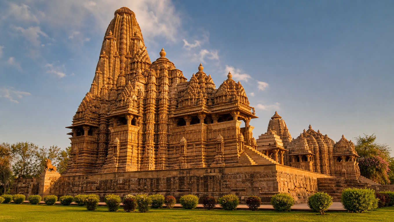 Kandariya Mahadev Temple at Khajuraho, its clustered sandstone spires and carved walls in golden light.