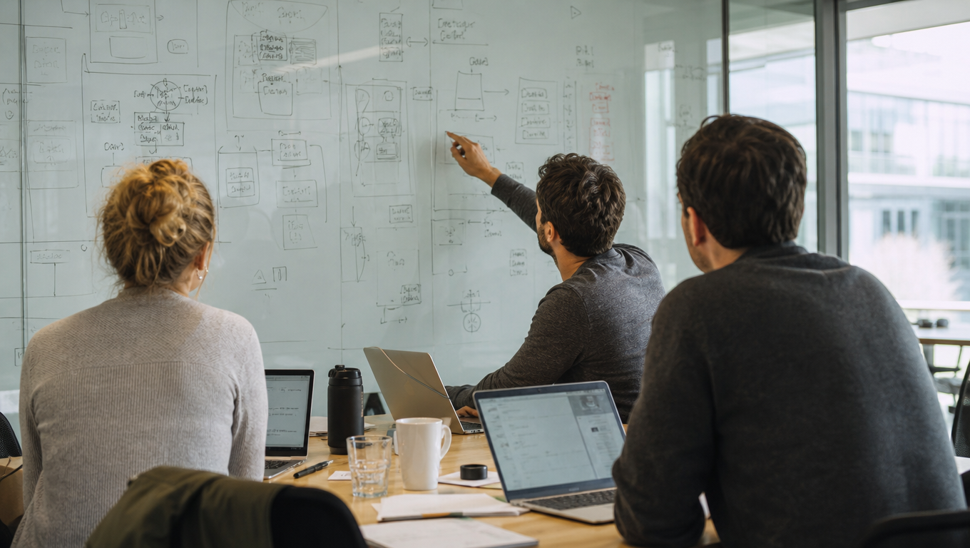 Three colleagues seen from behind at a glass-walled office whiteboard covered in illegible sketches, one pointing, laptops open on the table, morning light.