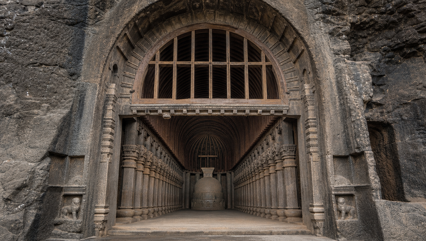 Karla chaitya hall's nave of octagonal columns leading to a rock-cut stupa under a ribbed vault.