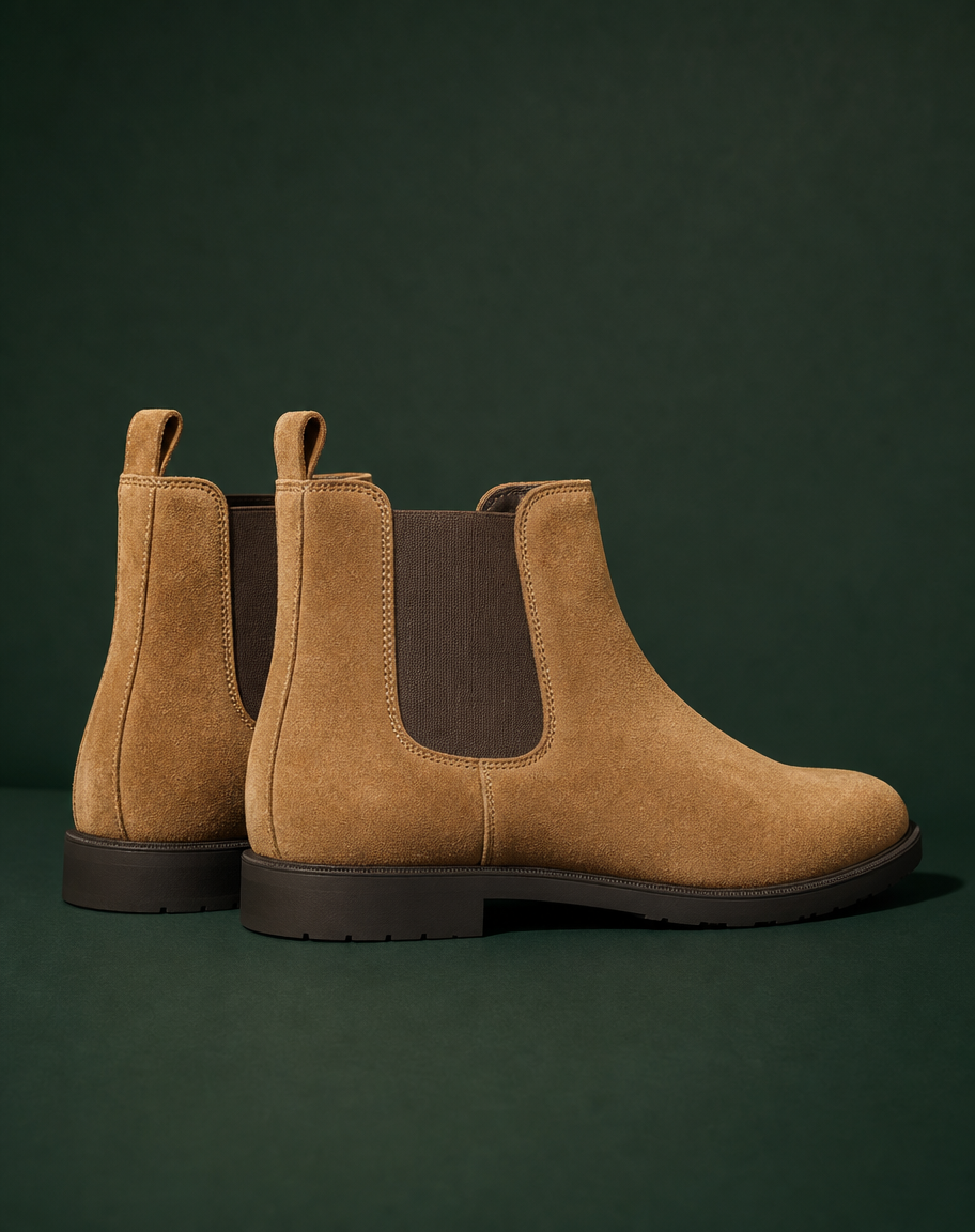 Pair of tan suede Chelsea boots with elastic side panels and dark rubber soles on a dark green surface.