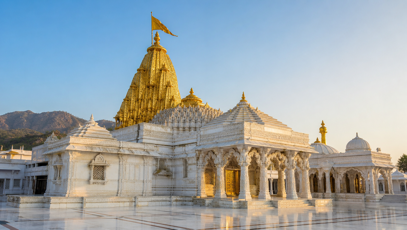 Ambaji Temple in Gujarat, a white marble temple with a gold-plated shikhara over an empty marble courtyard.