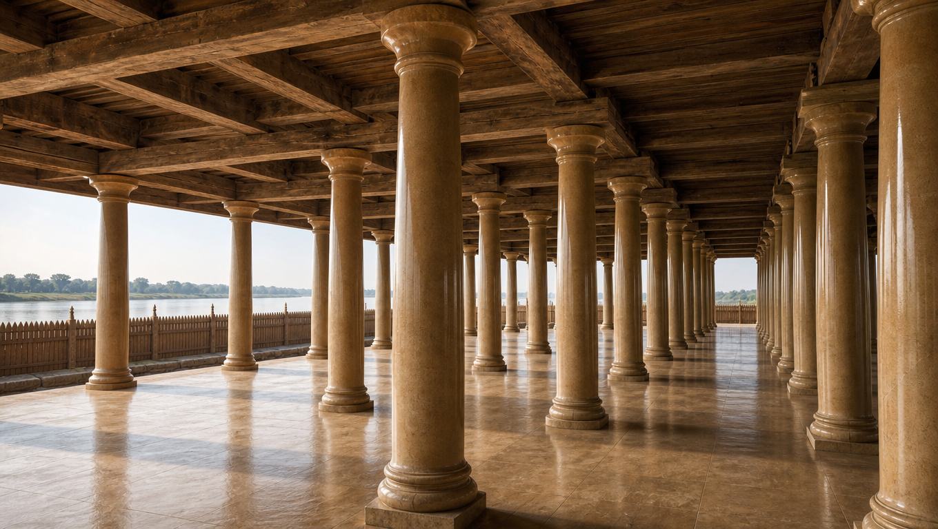 Reconstruction of the Mauryan eighty-pillared hall at Pataliputra with rows of polished sandstone columns.