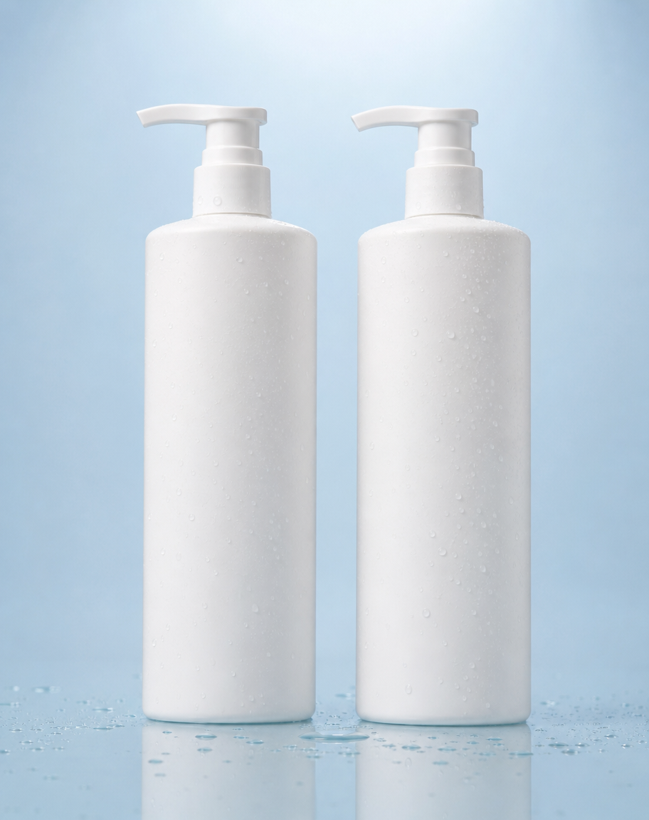 Matching matte white shampoo and conditioner pump bottles side by side on a pale blue surface with droplets.