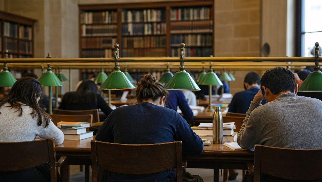 Students seen from behind at a long library table under green lamps, books stacked, one writing, tall shelves around.