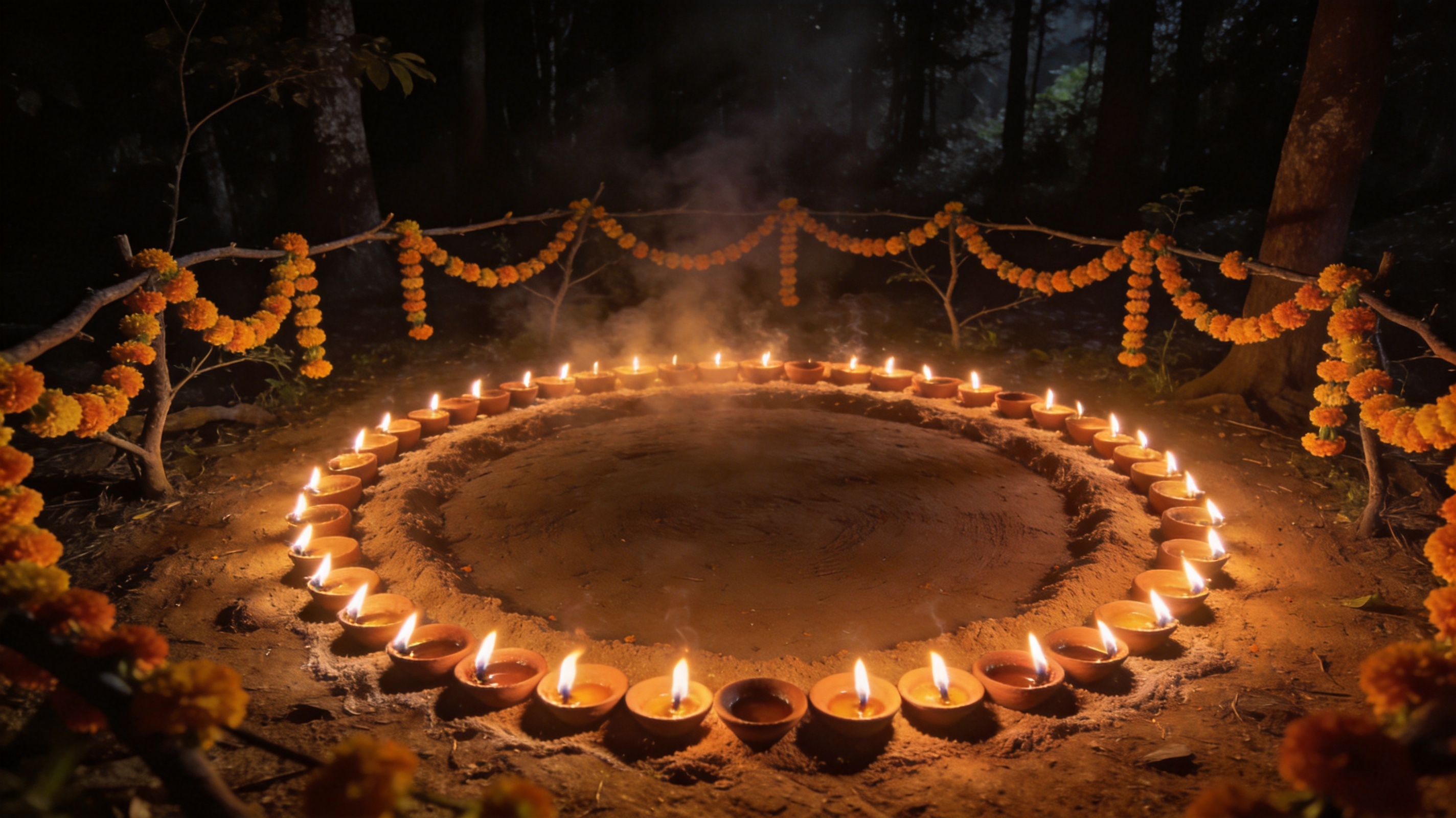 Ring of clay oil lamps burning on swept earth in a dark forest clearing hung with marigold garlands.