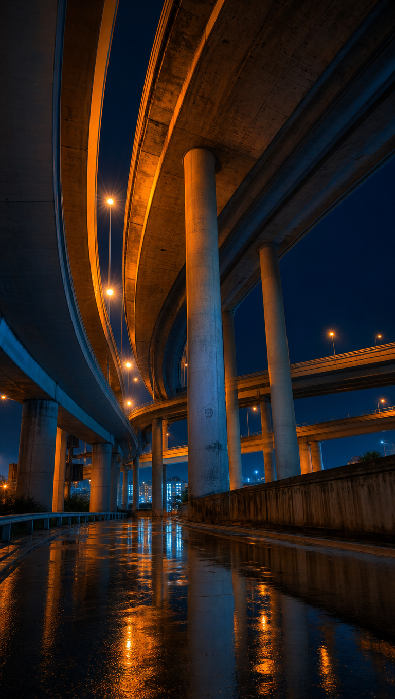 Vertical low-angle view of stacked highway flyover decks at night lit orange with blue light underneath.