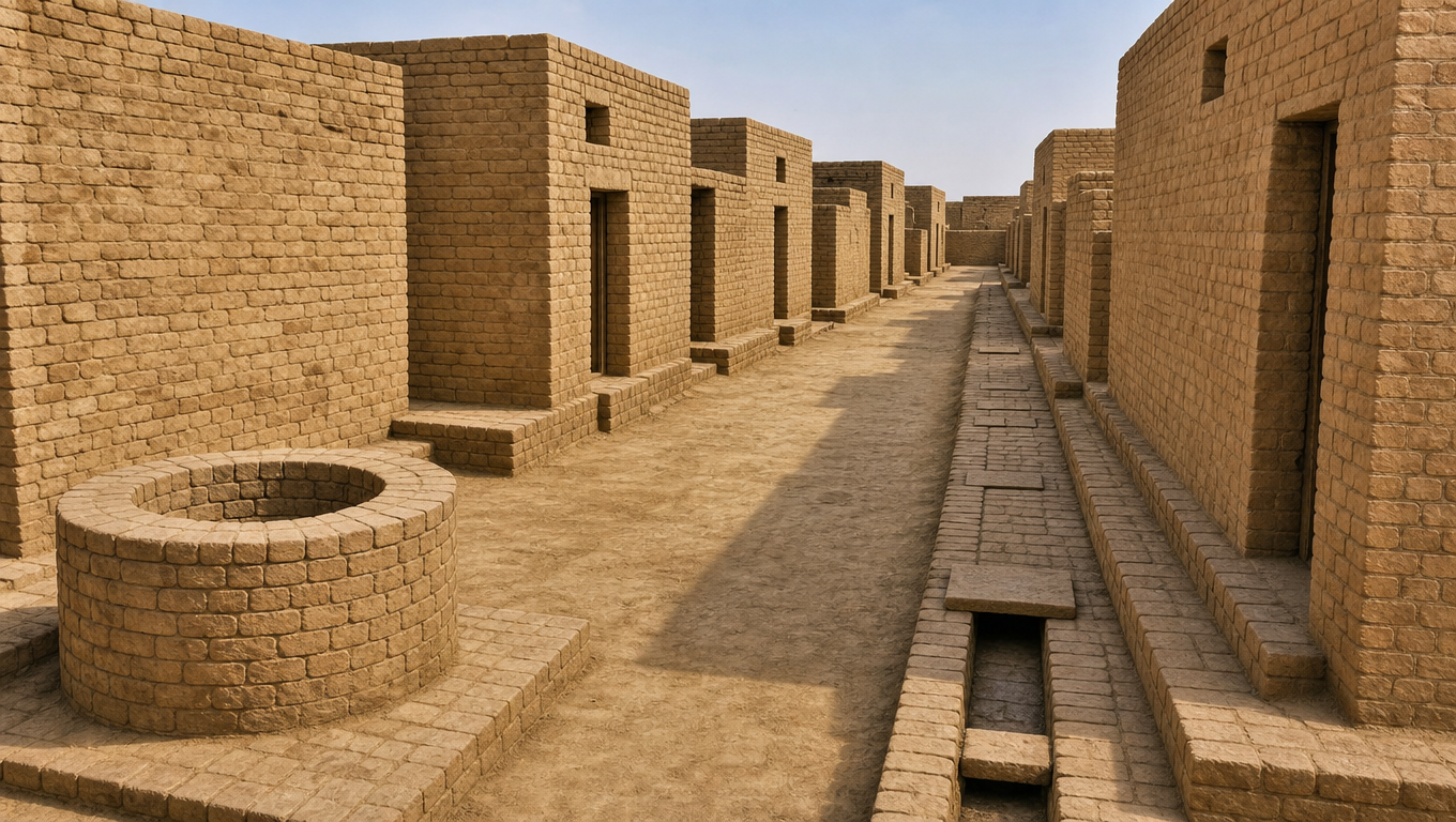 Reconstruction of a Harappan street of baked-brick houses with a covered drain and a brick well.