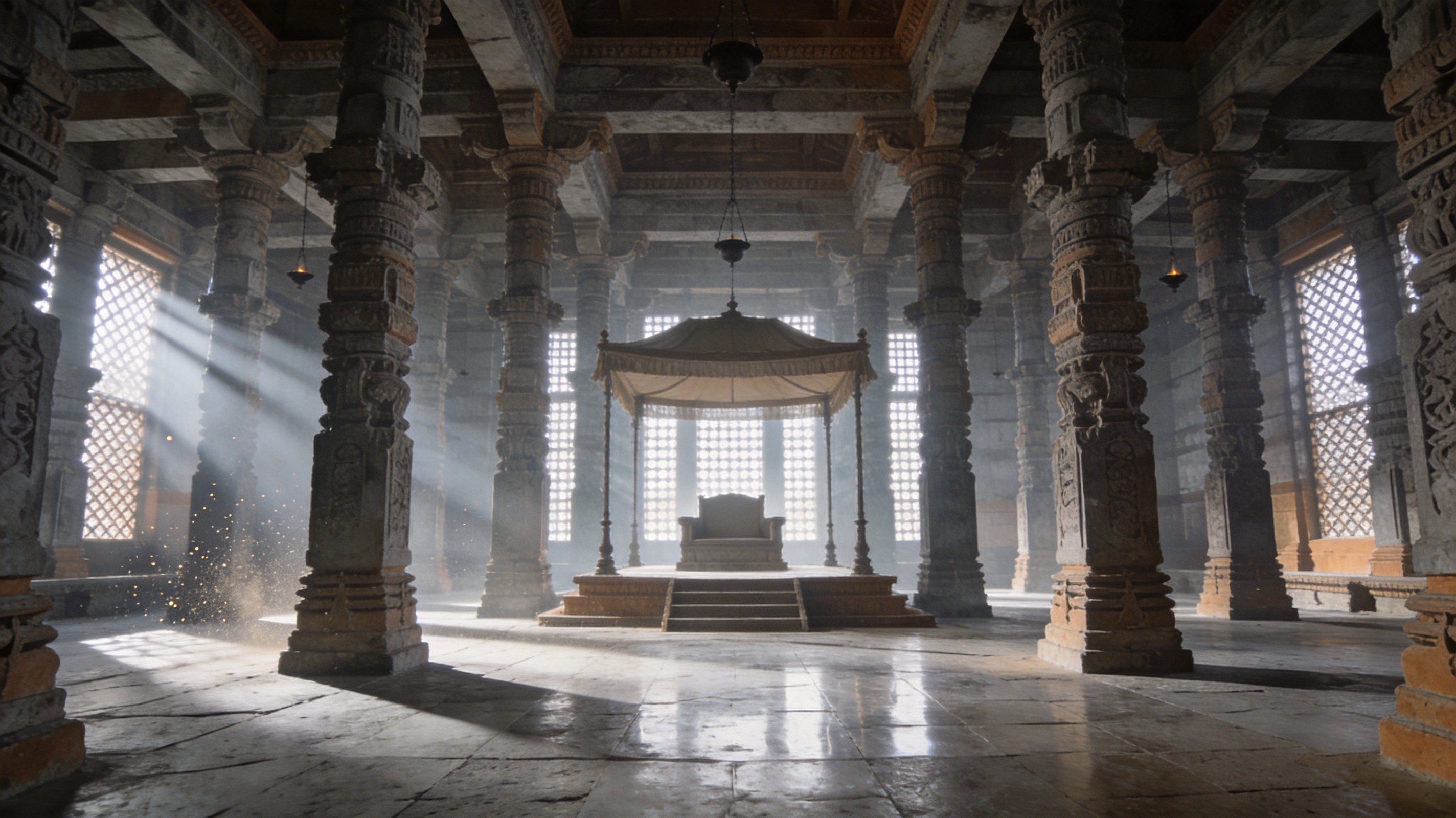 Empty pillared palace assembly hall with a raised throne platform and daylight shafts across the stone floor.