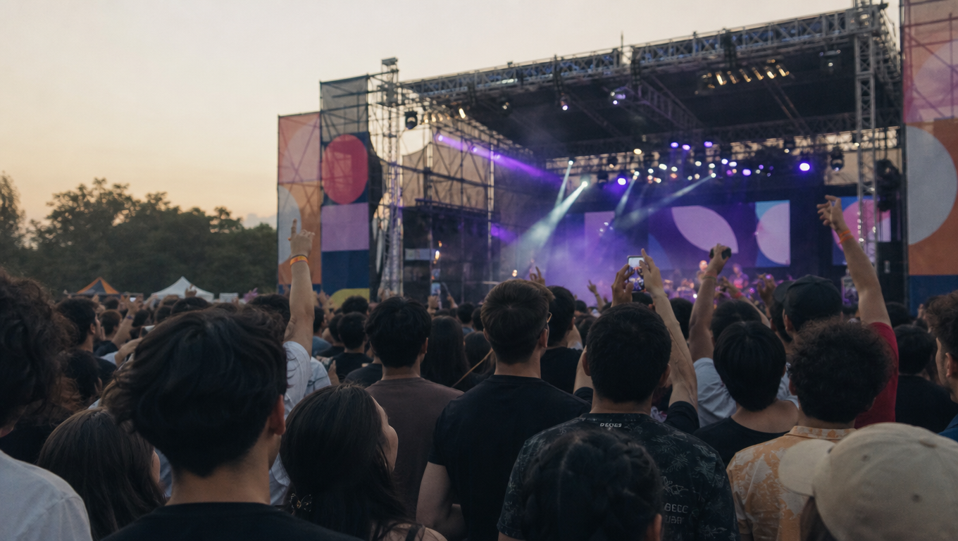 A college fest crowd seen from behind facing an outdoor stage with colour lights, banners with blank shapes, hands up, dusk.