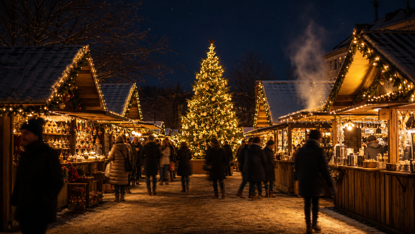 Wooden Christmas market stalls under warm fairy lights around a glowing fir tree at night.