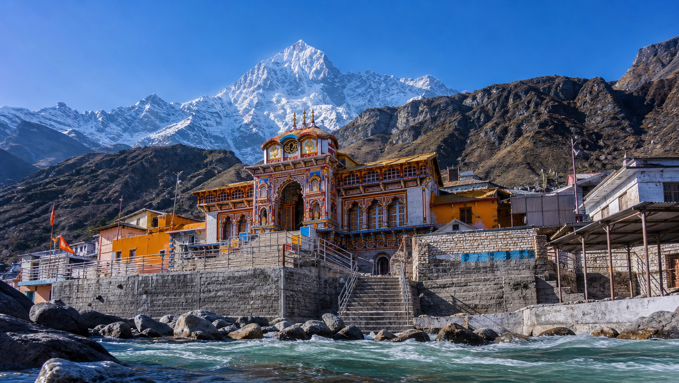 Badrinath Temple with its brightly painted facade above the Alaknanda river and the snow-covered Neelkanth peak behind.