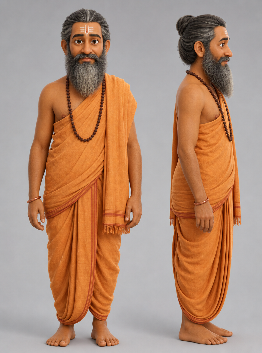 3d pixar-style character reference sheet of Pandit Raghav Shastri, an Indian man in a saffron cotton dhoti and angavastram, front view and profile.