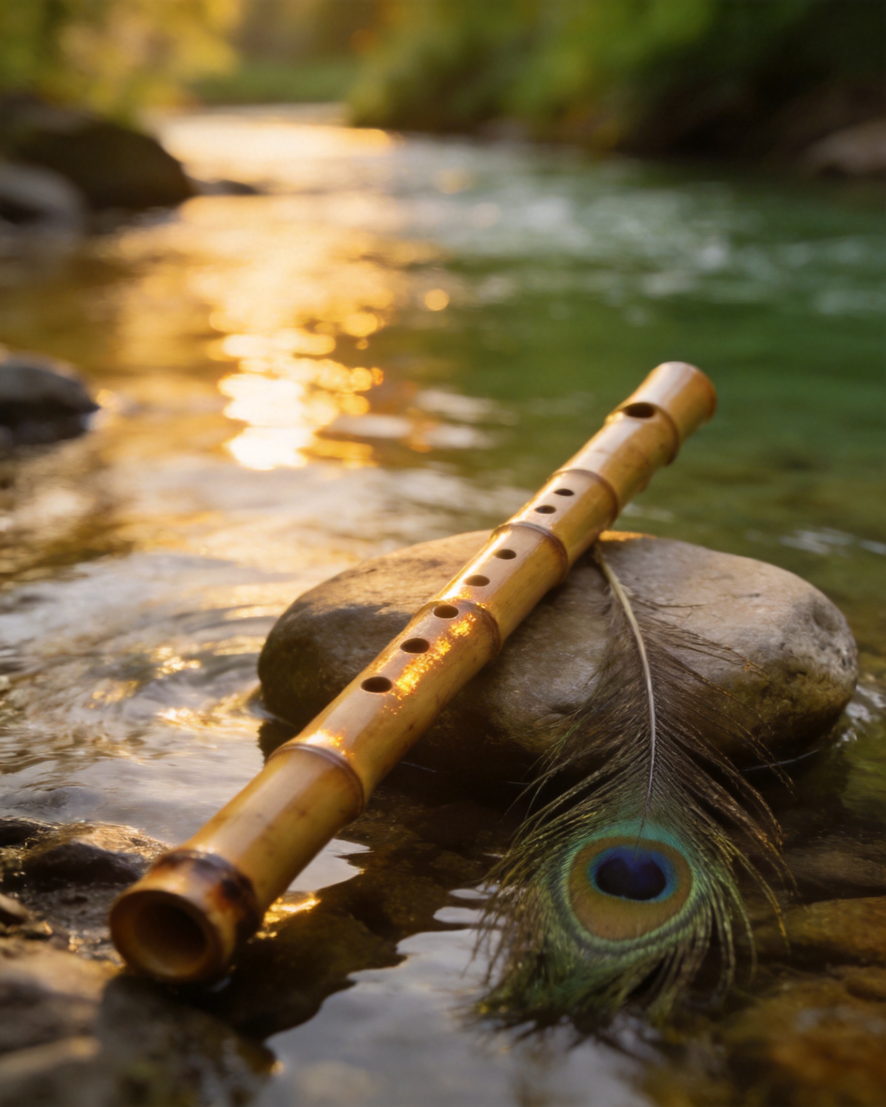 Bamboo flute and a peacock feather resting on a river stone at golden hour with soft water behind.