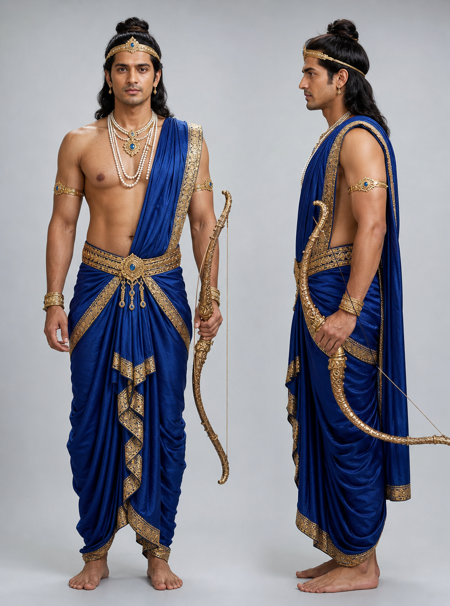 Photorealistic character reference sheet of Arjuna of Hastinapur, an Indian man in a royal blue silk dhoti, front view and profile.