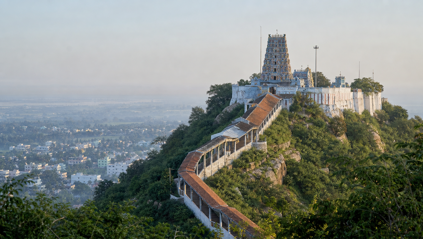 Thiruthani Murugan Temple on its green hill with the long covered stairway climbing to the painted gopuram.