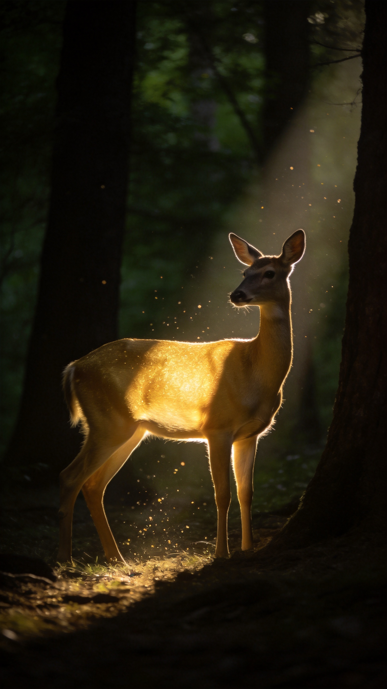 Slender deer with a luminous golden coat standing alert in a dark forest, rim-lit by low sun.
