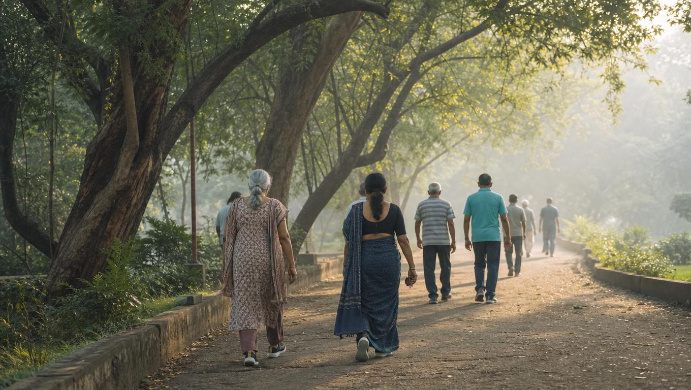 Morning walkers seen from behind on a park path under old trees, a mix of ages in walking shoes and sarees, mist and early sun.