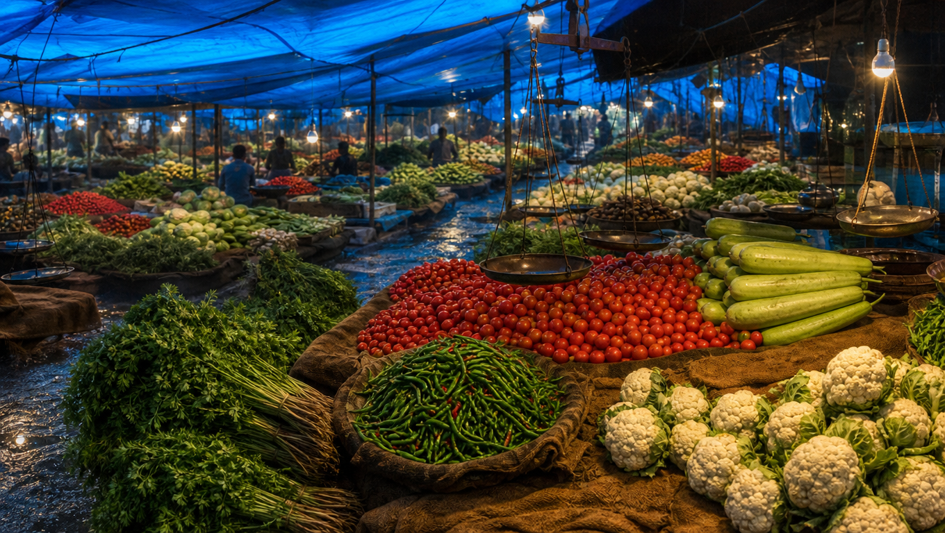 Pyramids of tomatoes, gourds and cauliflower under a blue tarpaulin in an Indian vegetable mandi.