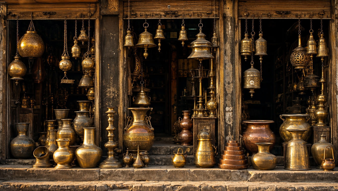 Old-market shop fronts hung with brass pots, lamps, urns and bells glowing in warm evening light.