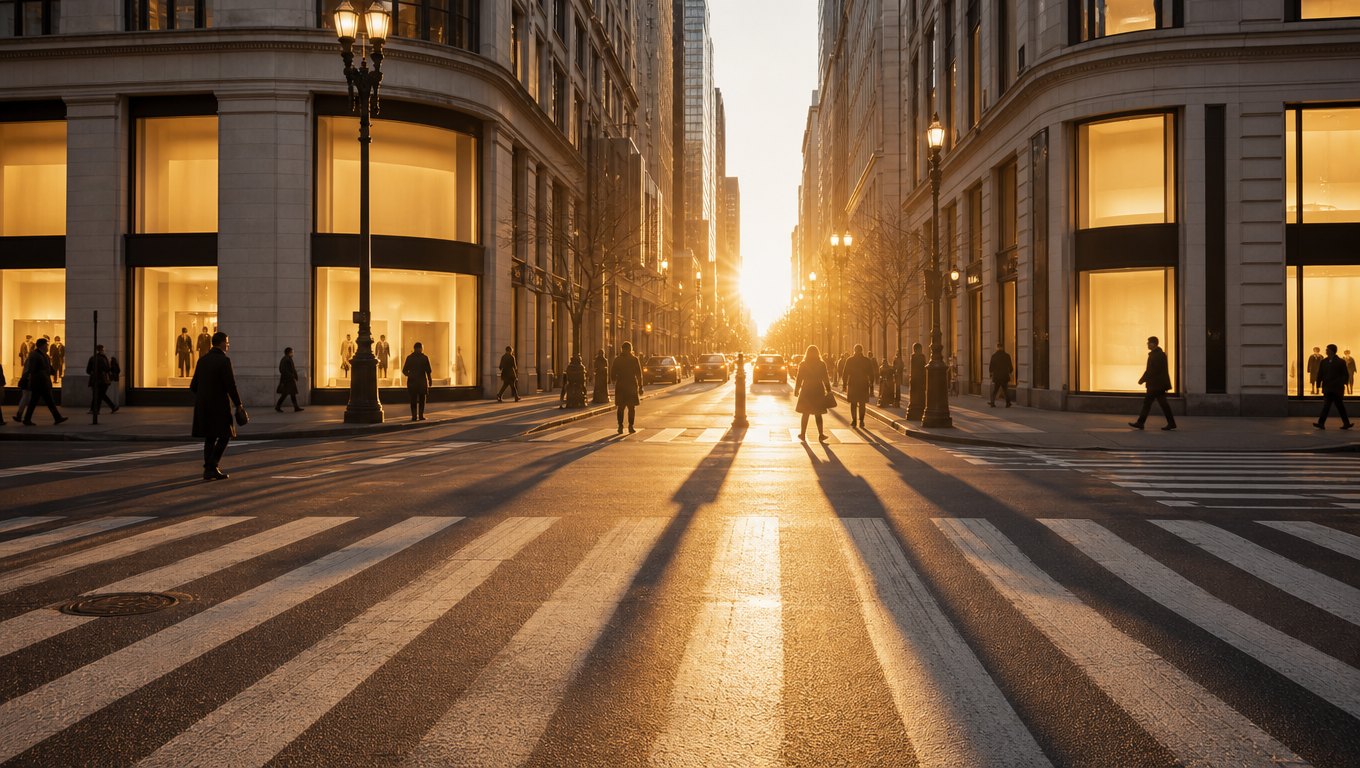City fashion district crossing at golden hour with sun flare, long lamp-post shadows and blank glowing store windows.