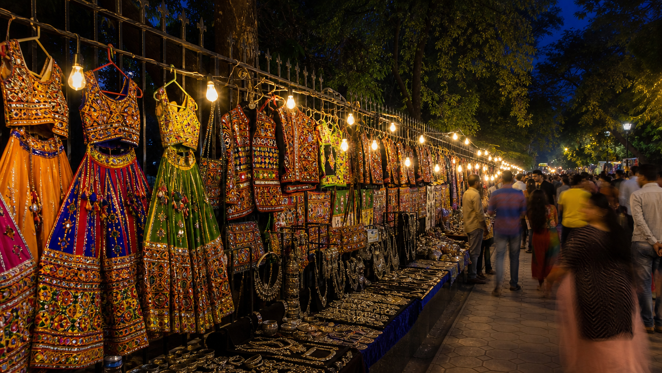 Law Garden night market in Ahmedabad with mirror-work chaniya cholis and jackets glowing under bulb strings.