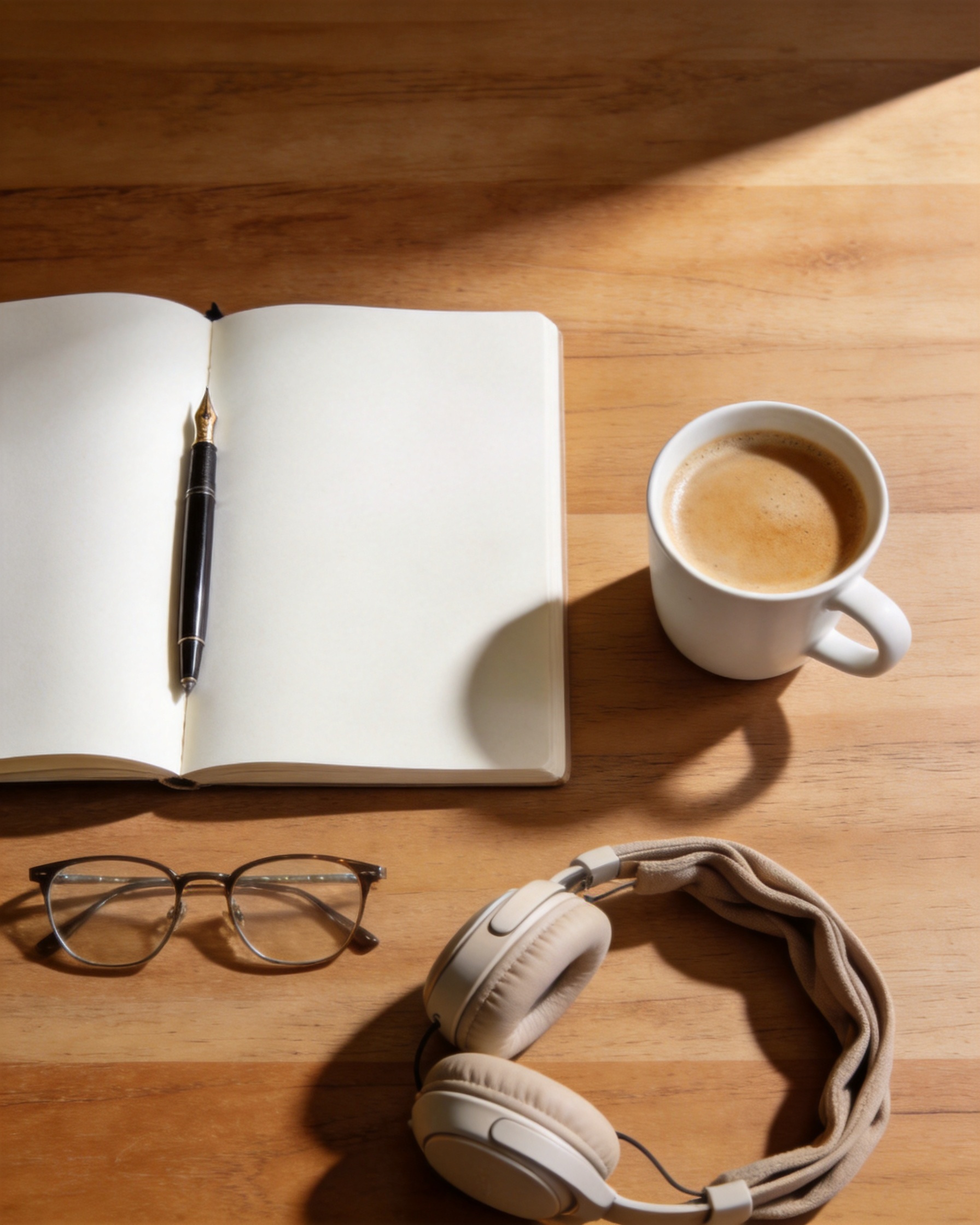 Overhead flat lay of an open blank notebook, fountain pen, coffee cup, glasses and headphones on oak.