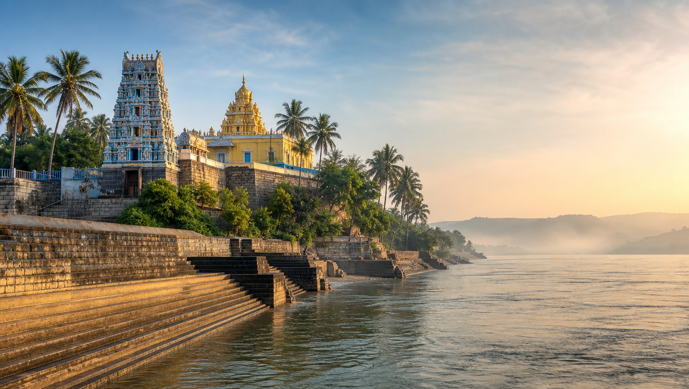 Bhadrachalam Sita Ramachandraswamy Temple above the Godavari river with stone steps down to the water.