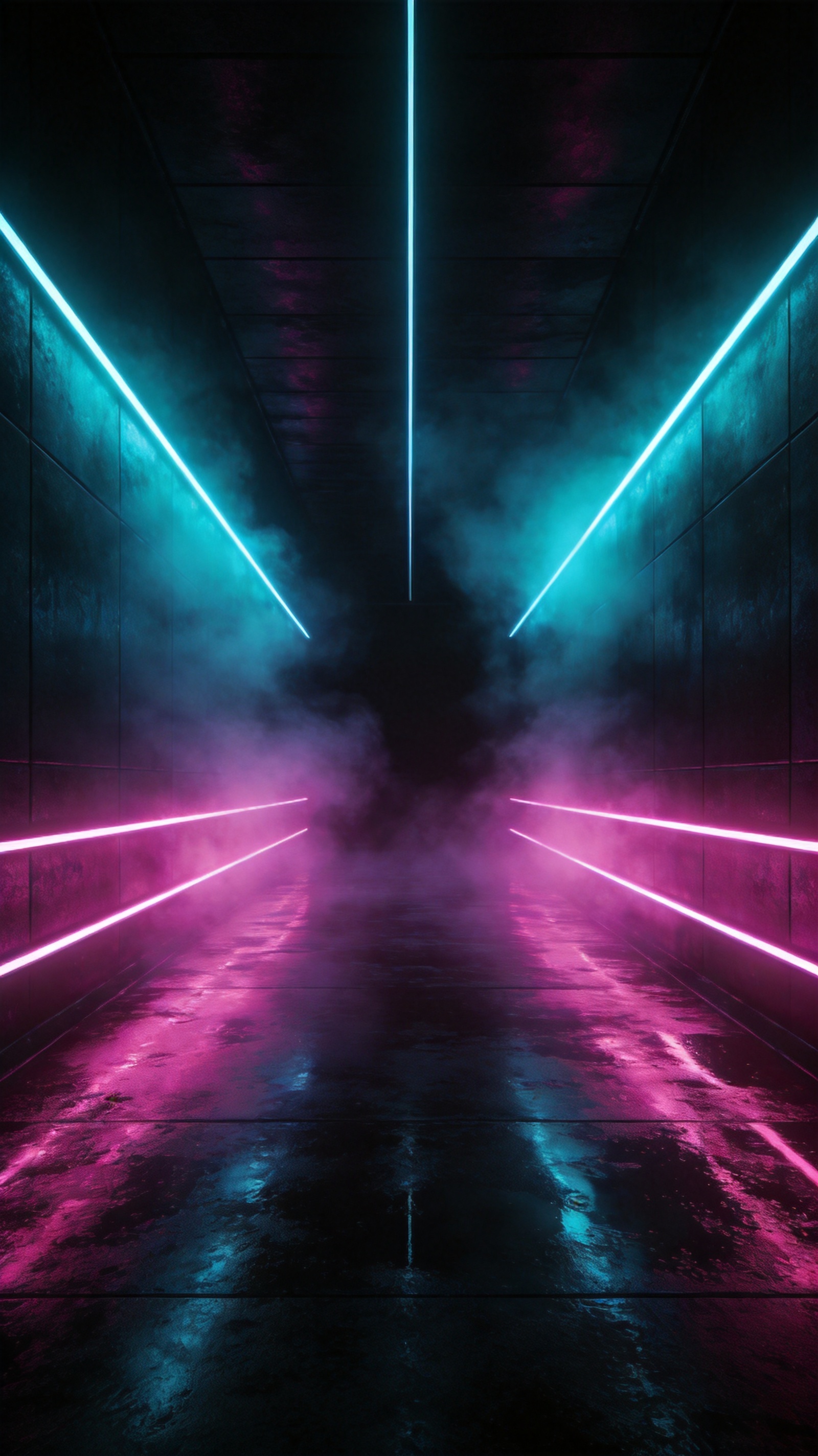Vertical sci-fi corridor lit by magenta and cyan strips with thick haze and a wet reflective floor.