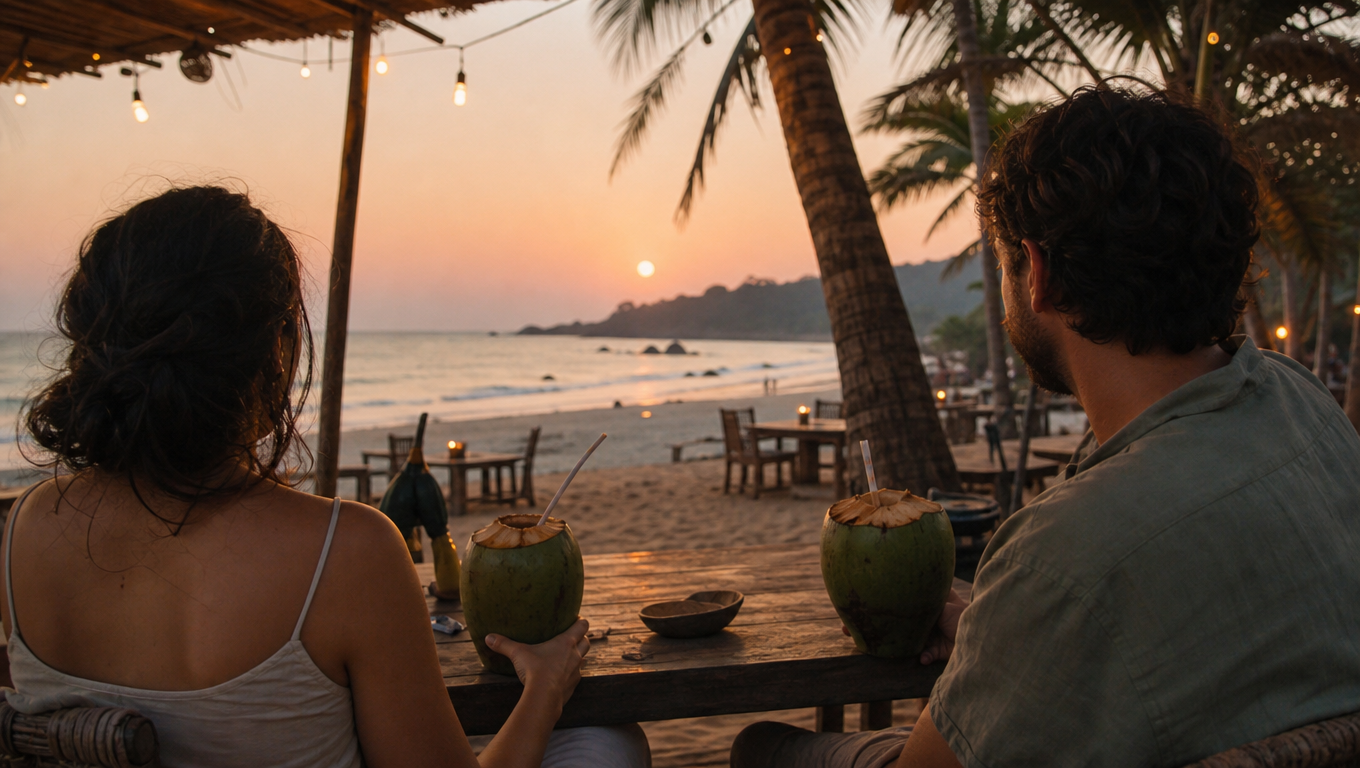 A couple seen from behind at a Goa-style beach shack table with coconuts, palms and the sea at sunset, sand and fairy lights.