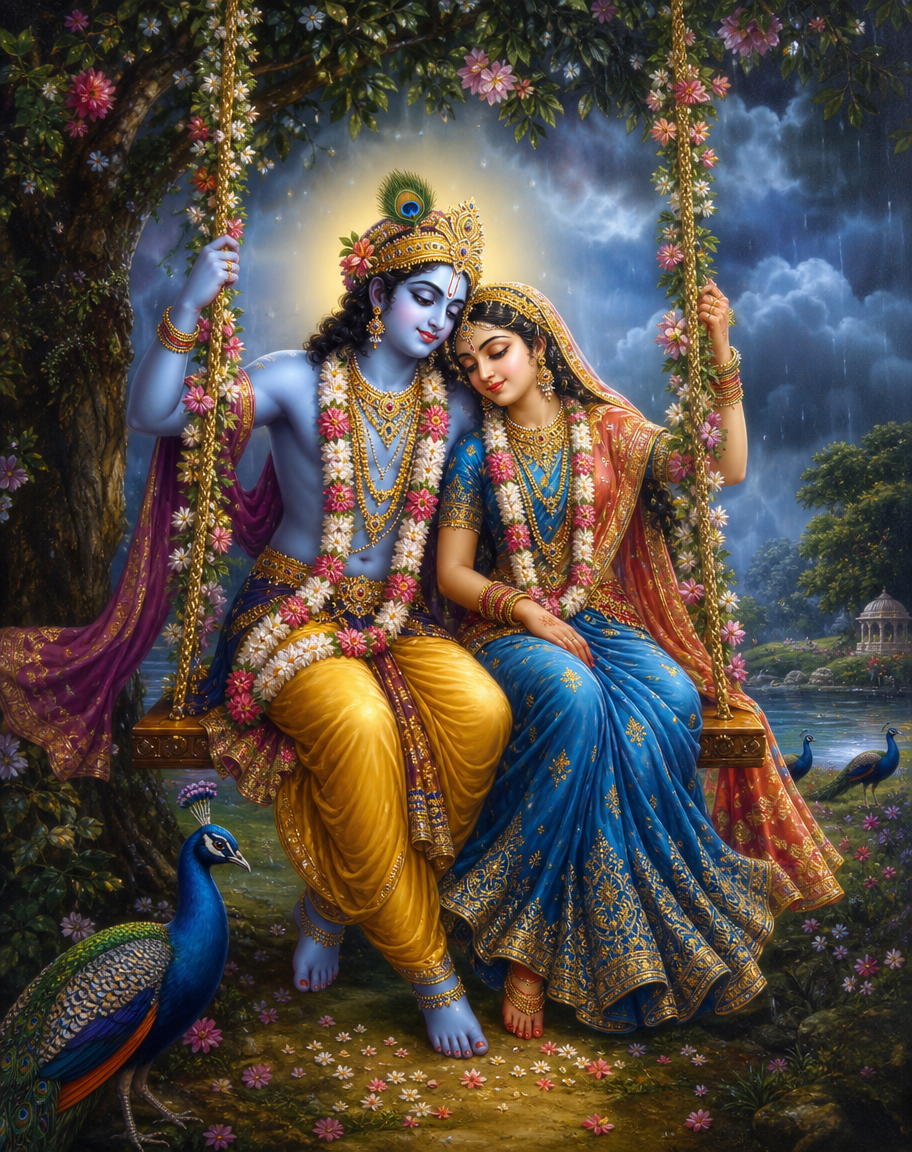 Devotional art of radha krishna on the swing, radha and krishna seated together on a flower-decked jhula swing under a blossoming tree, monsoon clouds and peacocks, a soft romantic glow, both in traditional braj dress.