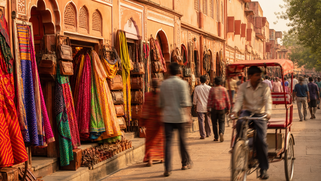 Bapu Bazaar in Jaipur with pink sandstone shopfronts, jootis and bandhani dupattas hung outside in golden light.