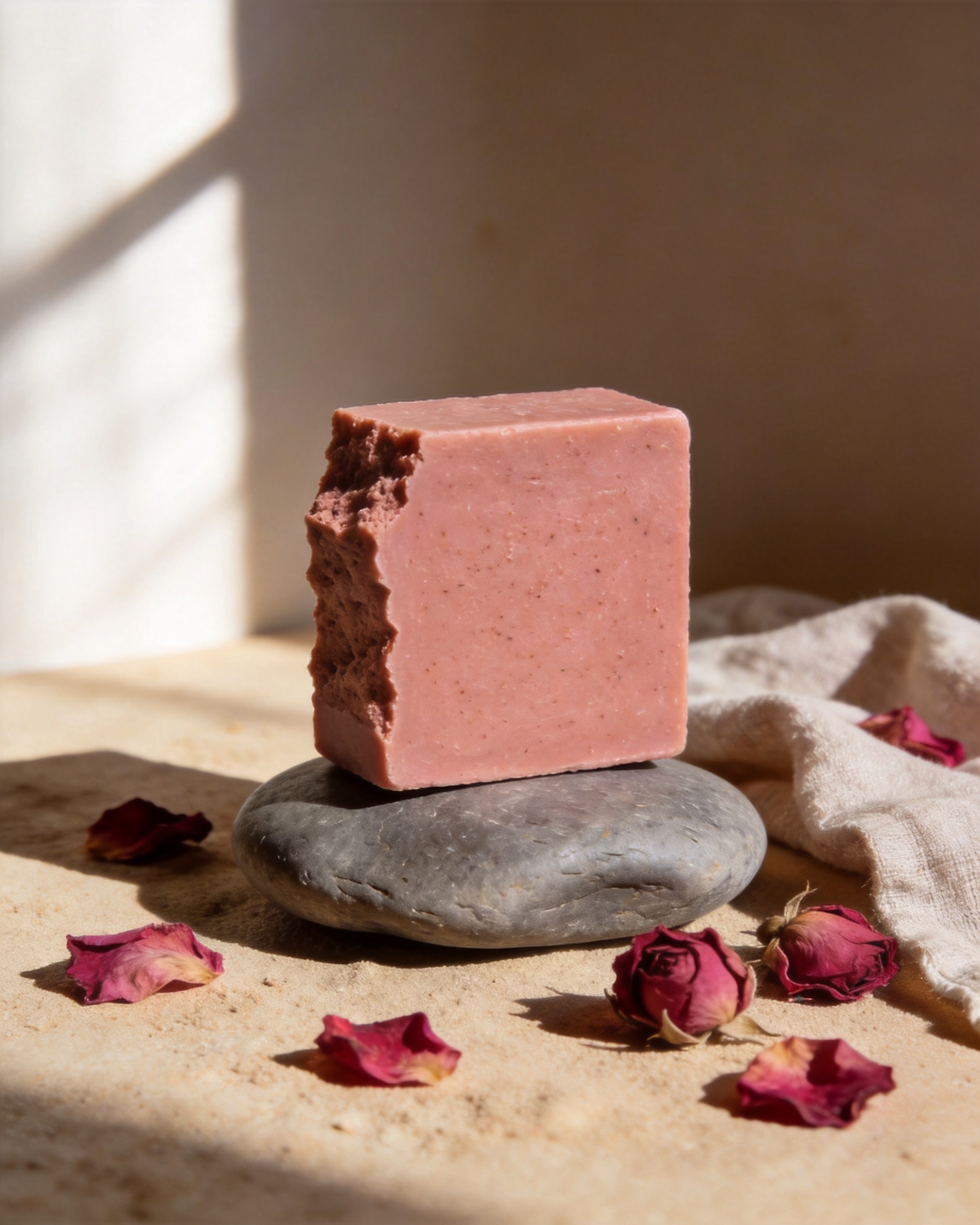 Rough-cut rose clay soap bar on a grey river stone with dried petals and linen in soft daylight.