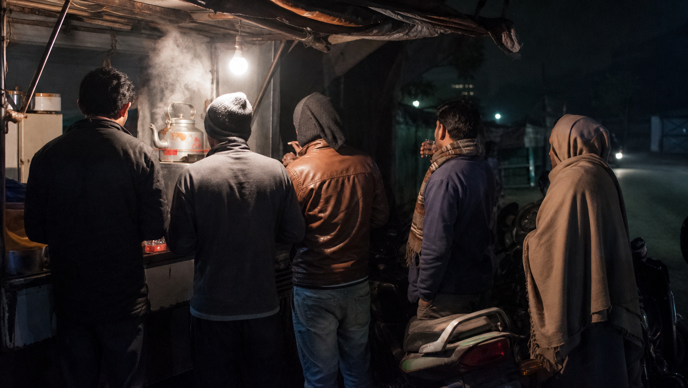 A group seen from behind standing around a late-night chai stall, a kettle steaming under a single bulb, scooters parked, the street dark beyond.