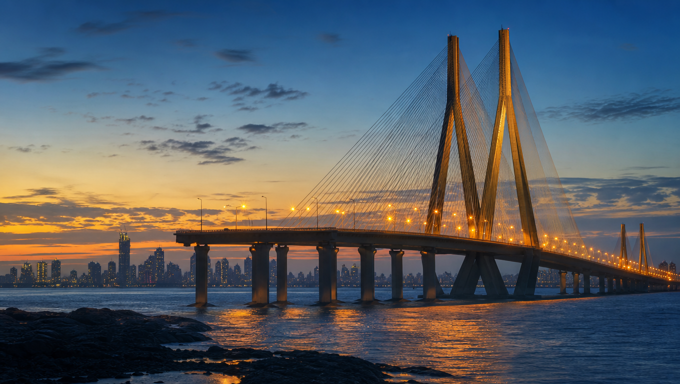 Bandra-Worli Sea Link's cable-stayed pylons over the sea at dusk with the deck curving toward Mumbai.