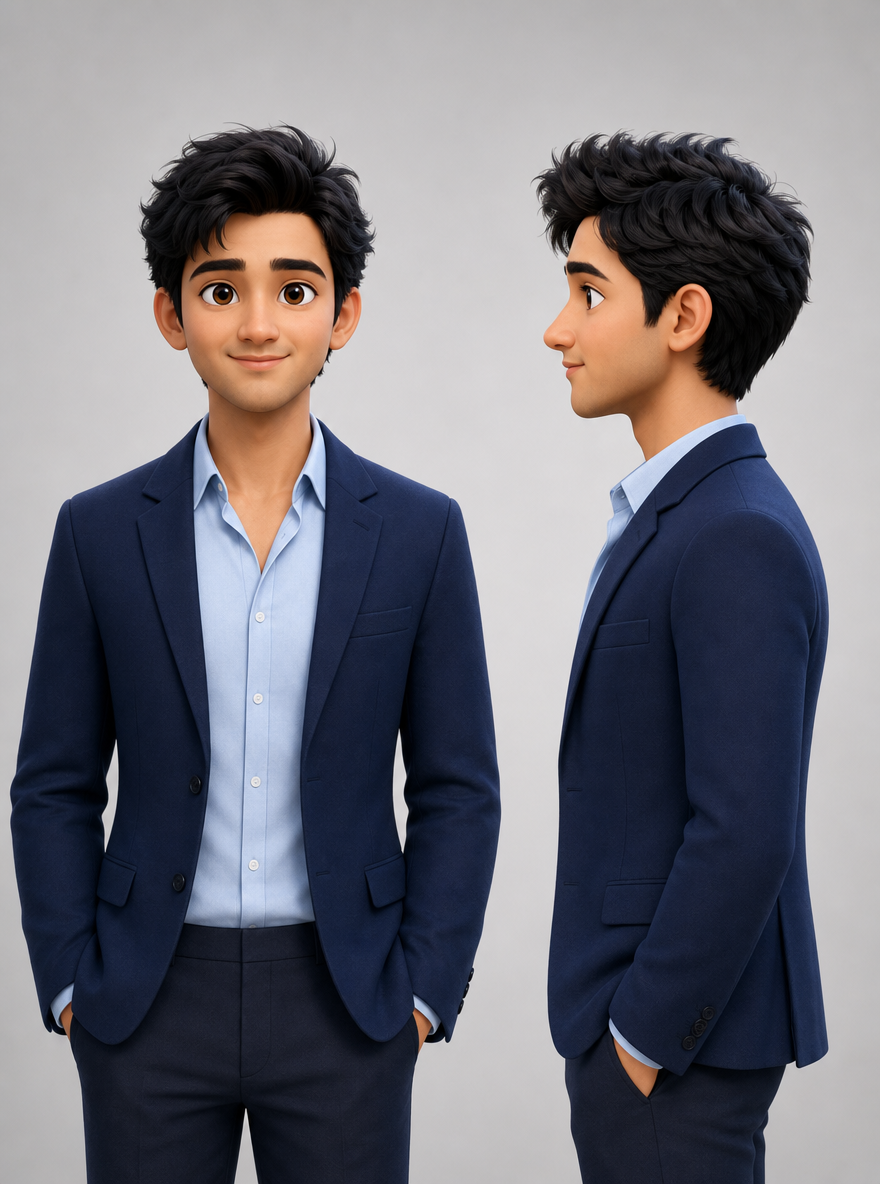 3d pixar-style character reference sheet of Aditya Sharma, an Indian man in a navy blazer over a light-blue open-collar shirt, front view and profile.
