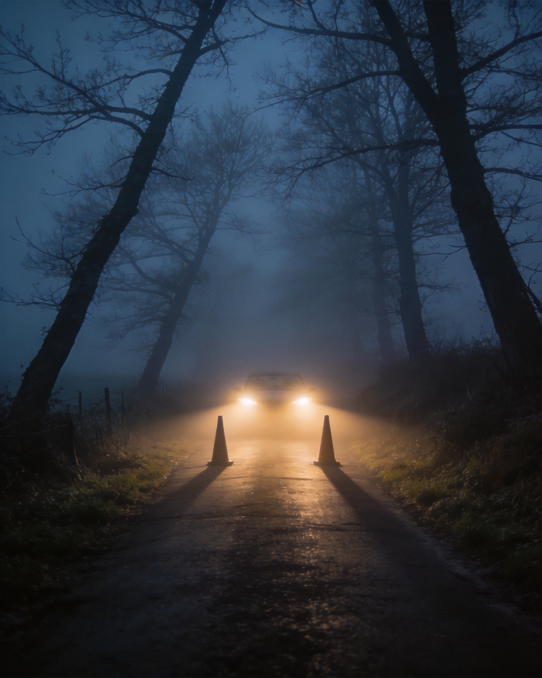 Car headlights cutting two cones of light through thick fog on a narrow country road at night.