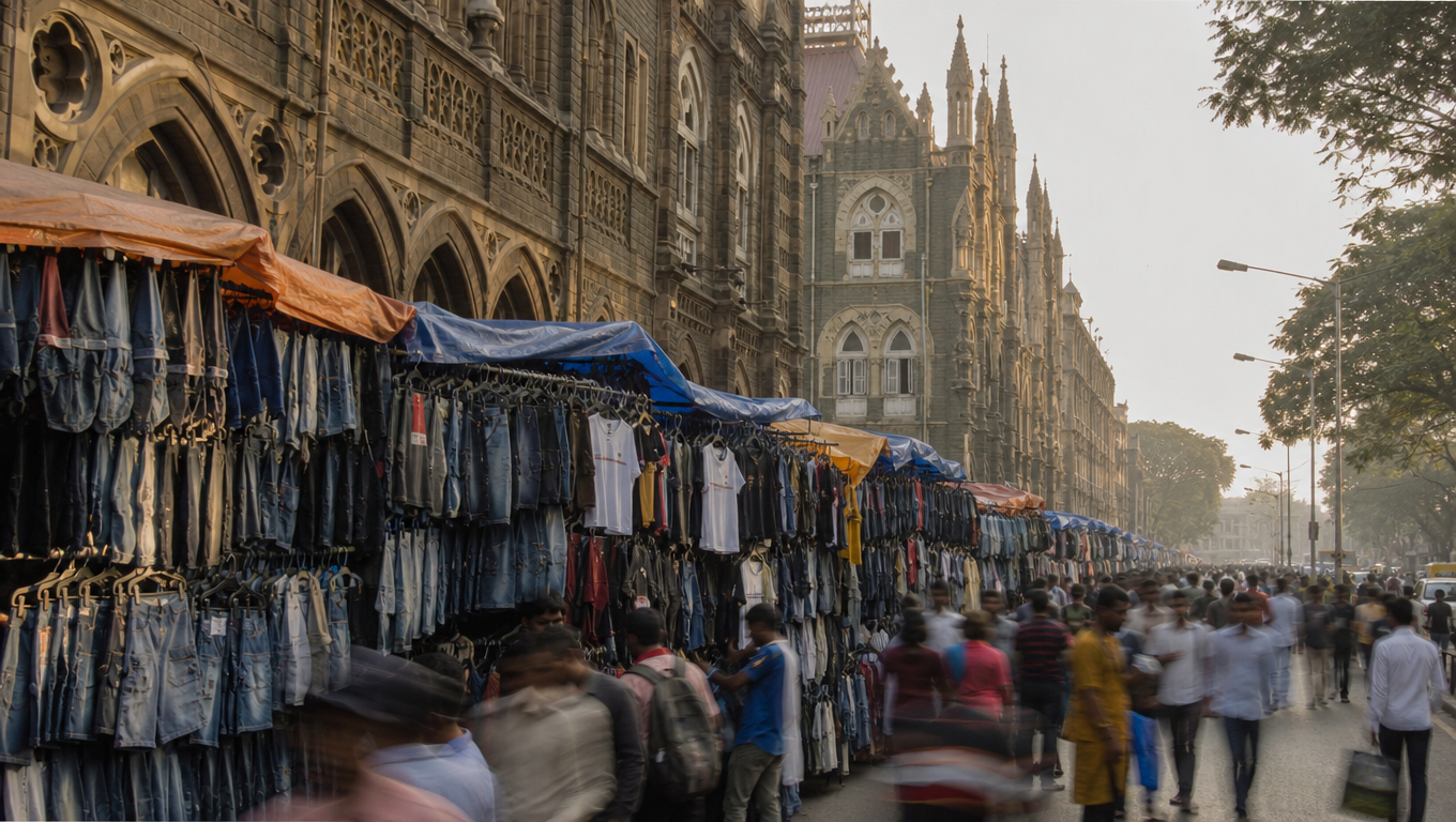 Fashion Street in Mumbai, pavement stalls under tarpaulin hung with jeans and jackets, Gothic heritage buildings behind.