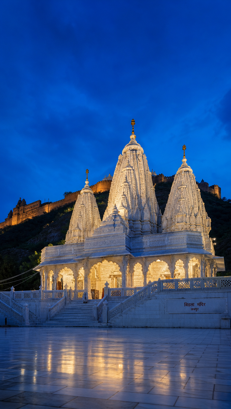 Vertical view of the white marble Birla Mandir in Jaipur floodlit at blue hour with Moti Dungri hill behind.