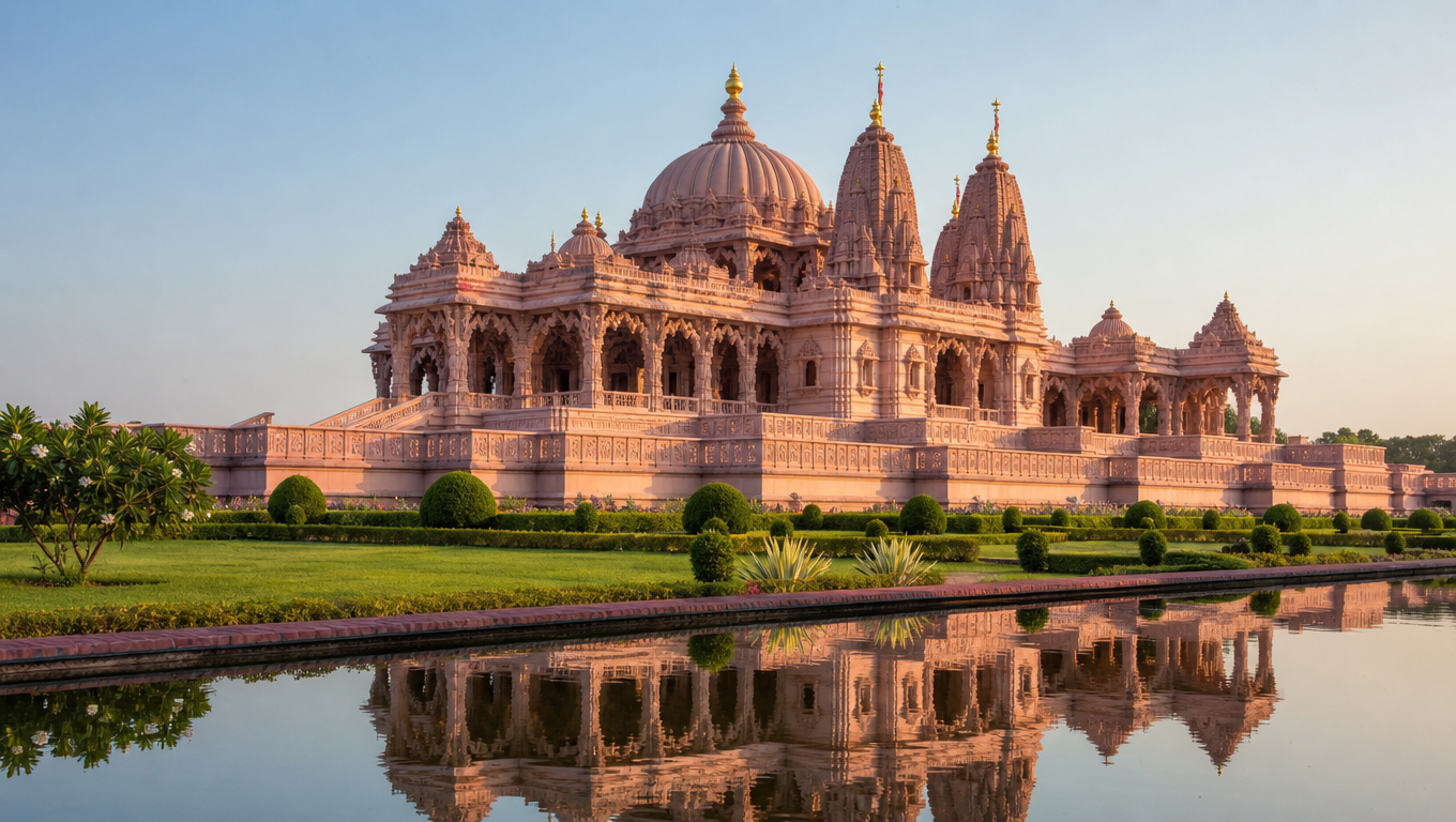 Swaminarayan Akshardham in Gandhinagar, the pink sandstone temple above lawns and a reflecting pool.