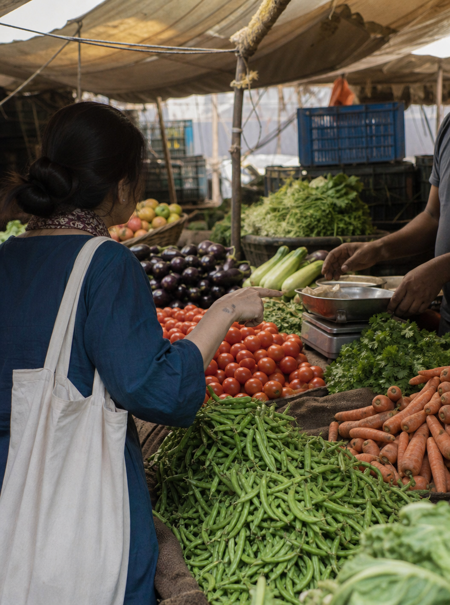 A woman seen from behind bargaining at a vegetable stall, pointing at tomatoes, the vendor's hands weighing on a scale, tarpaulin light.