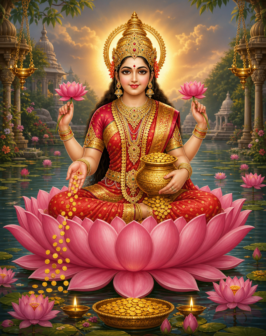 Devotional art of mahalakshmi on the lotus, goddess lakshmi seated on a pink lotus in a red and gold saree, four arms with lotuses and coins pouring from an open palm, a serene face and gold crown, a calm lotus pond.