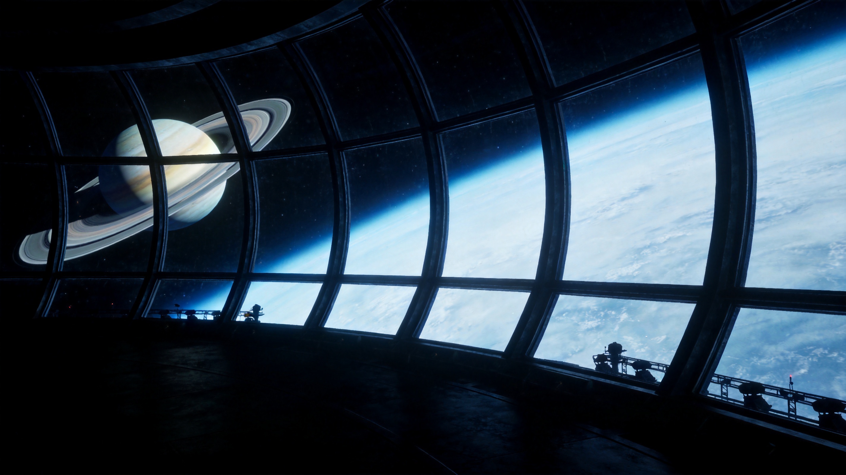 Dark observation deck with a curved window looking out at a ringed gas giant lit from the left.