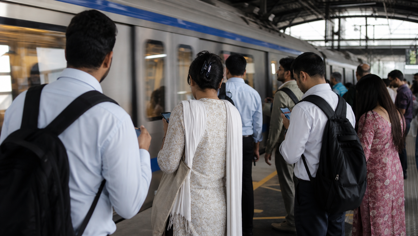 Commuters seen from behind waiting on a metro platform as a train arrives, phones in hand, a mix of office wear and kurtas, cool station light.
