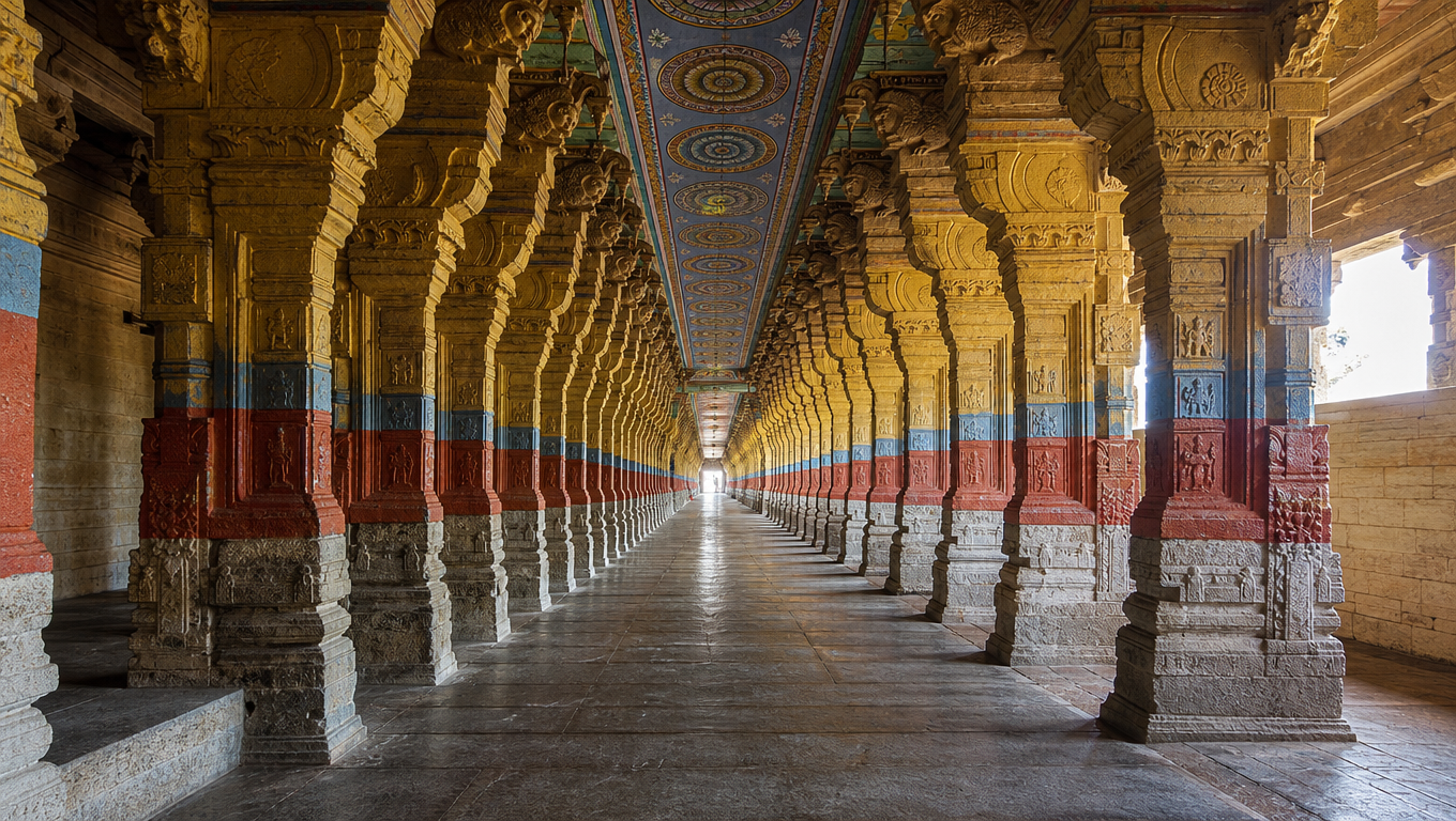 Long pillared corridor of Ramanathaswamy Temple in Rameswaram with painted granite columns receding into the distance.