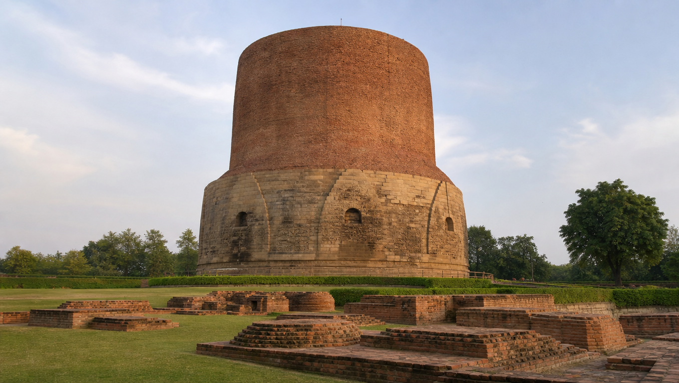 Dhamek Stupa at Sarnath, the massive brick and carved-stone cylinder rising from monastery ruins.