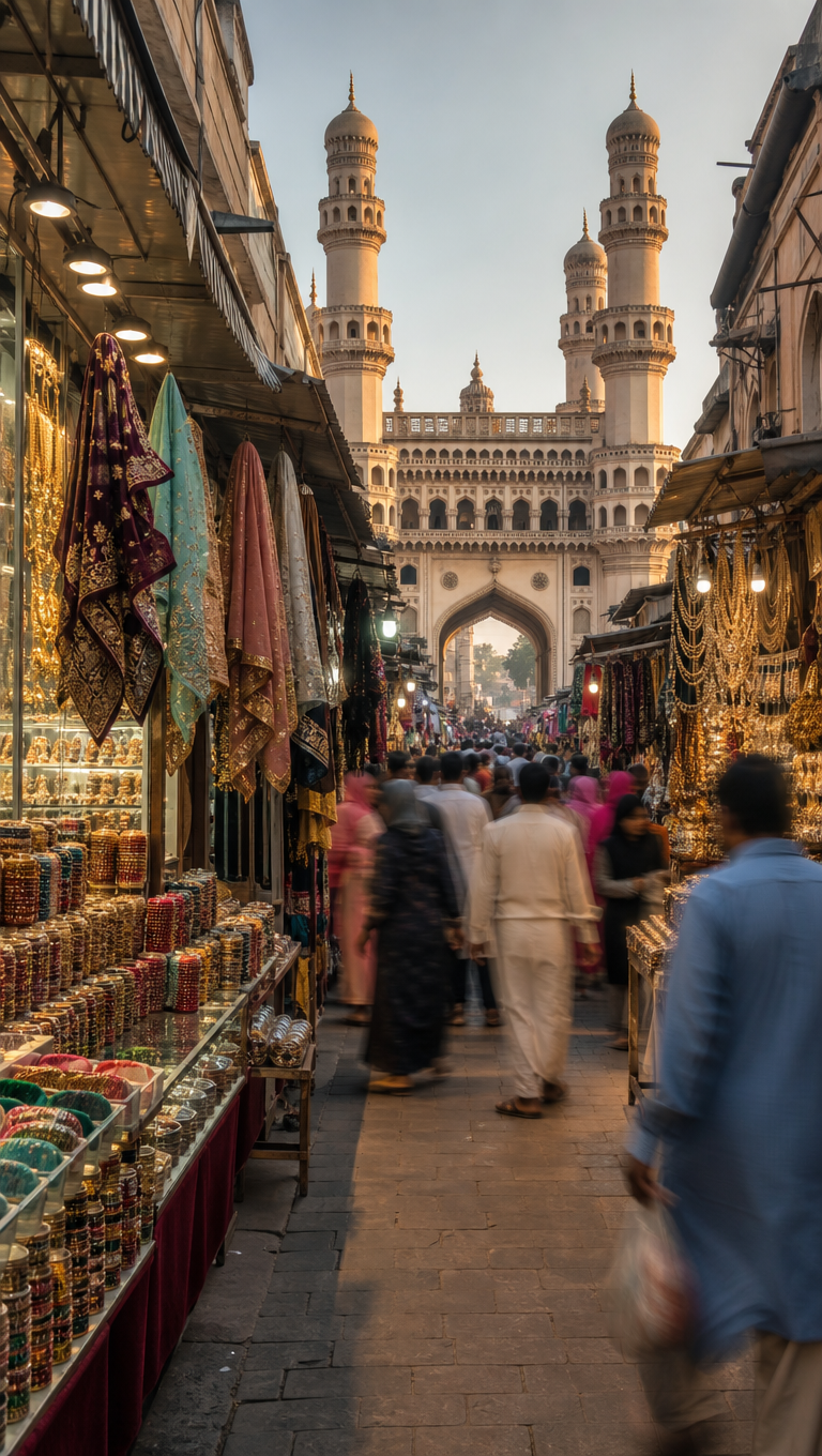 Vertical view of Laad Bazaar in Hyderabad, walls of bangles on both sides and the Charminar at the end of the lane.