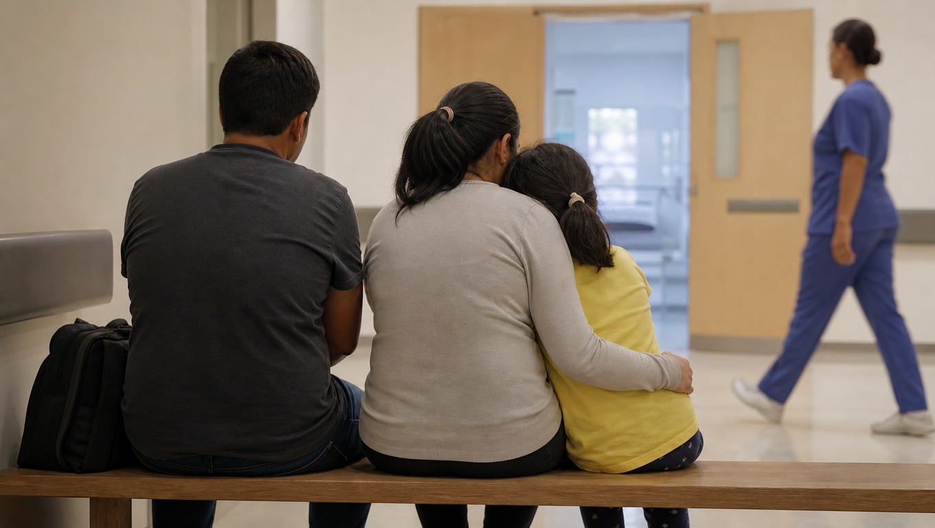 A family seen from behind seated on a bench outside a ward door, a child leaning on a mother, a nurse passing, soft light.