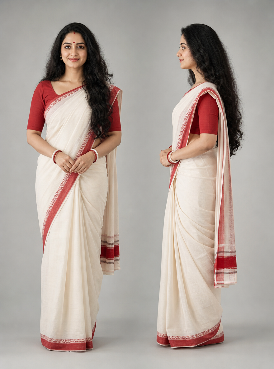 Photorealistic character reference sheet of Ishita Bose, an Indian woman in a white Bengali tant saree, front view and profile.